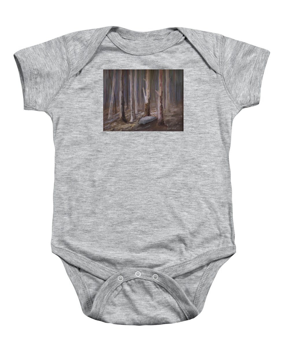 Woods Trees Landscape Rocks Sunlight Mist Baby Onesie featuring the painting Into The Woods by Scott W White