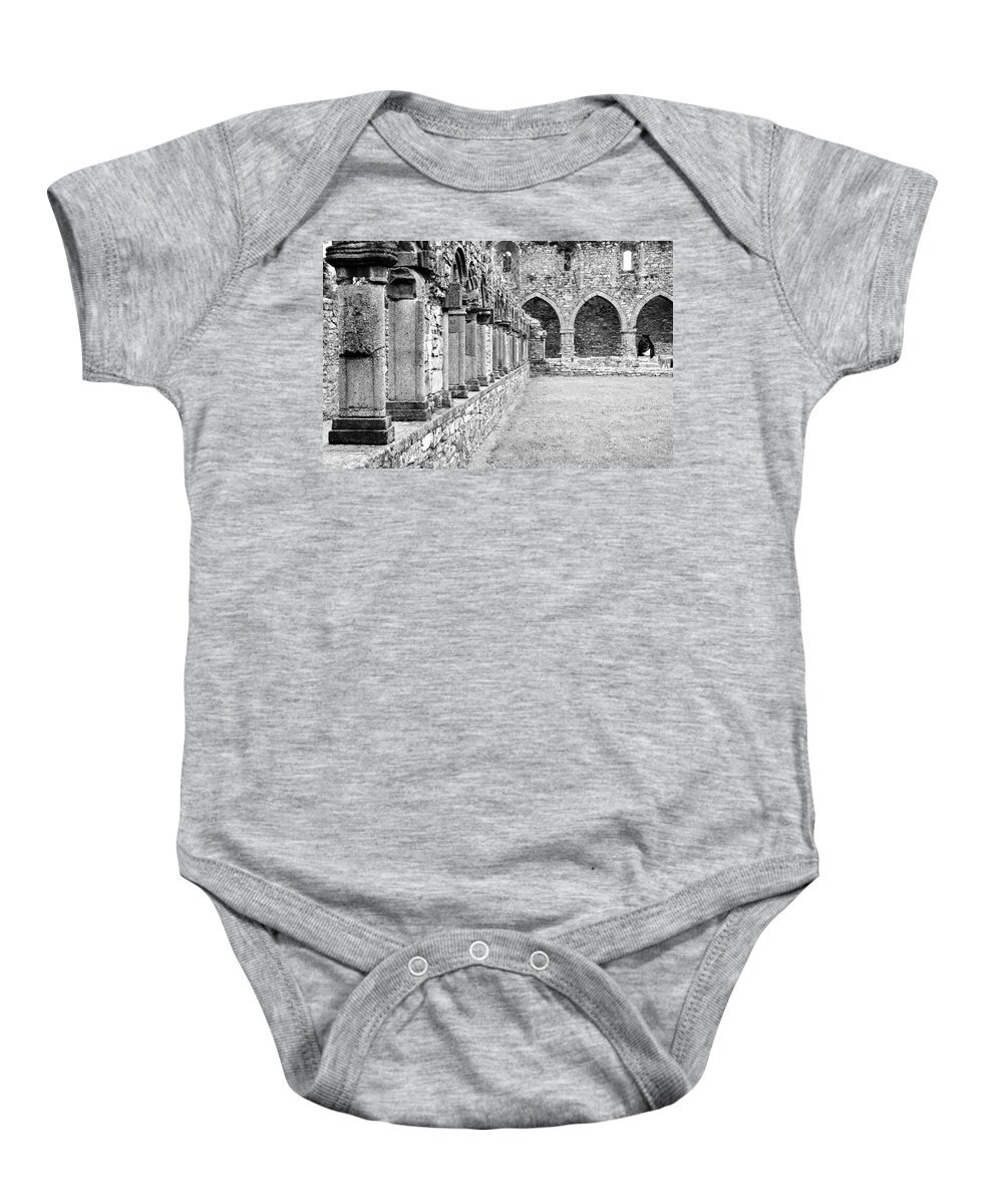 Travelpixpro Ireland Baby Onesie featuring the photograph Ireland Jerpoint Abbey Cloister Arcade Columns Irish Churches County Kilkenny Black and White by Shawn O'Brien