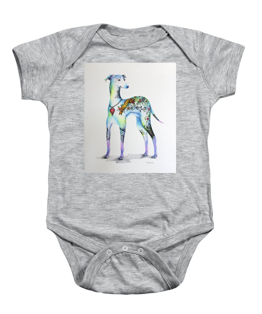 Italian Greyhound Art Baby Onesie featuring the mixed media Italian Greyhound Tattoo Dog by Patricia Lintner