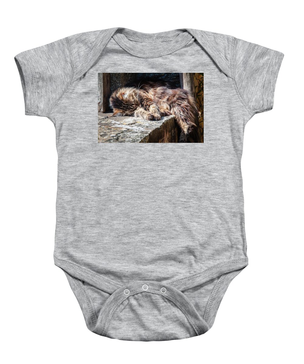Cat Baby Onesie featuring the photograph It's a Hard Life by Geoff Smith