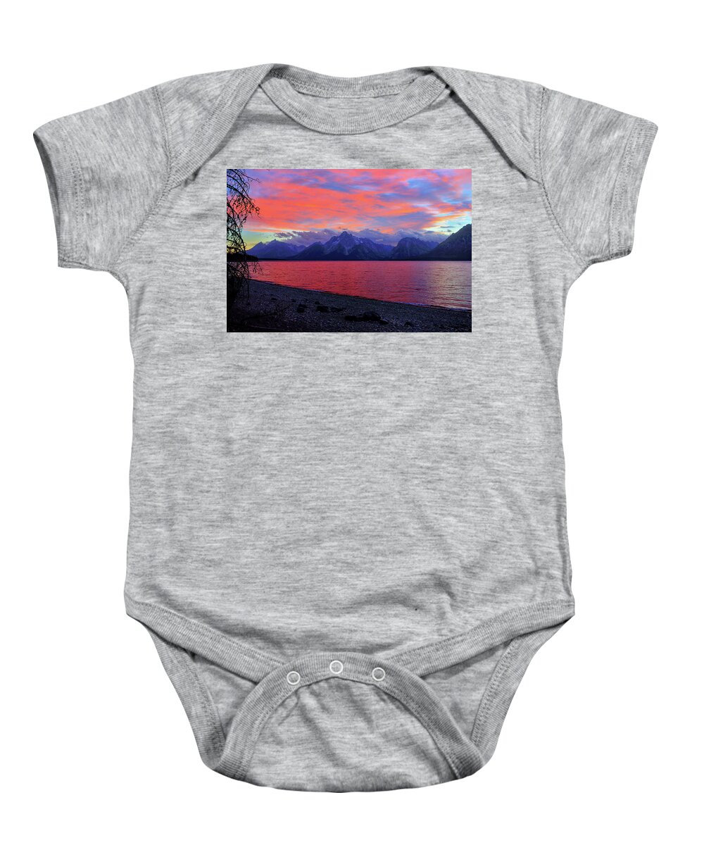 Jackson Lake Baby Onesie featuring the photograph Jackson Lake Sunset by Greg Norrell