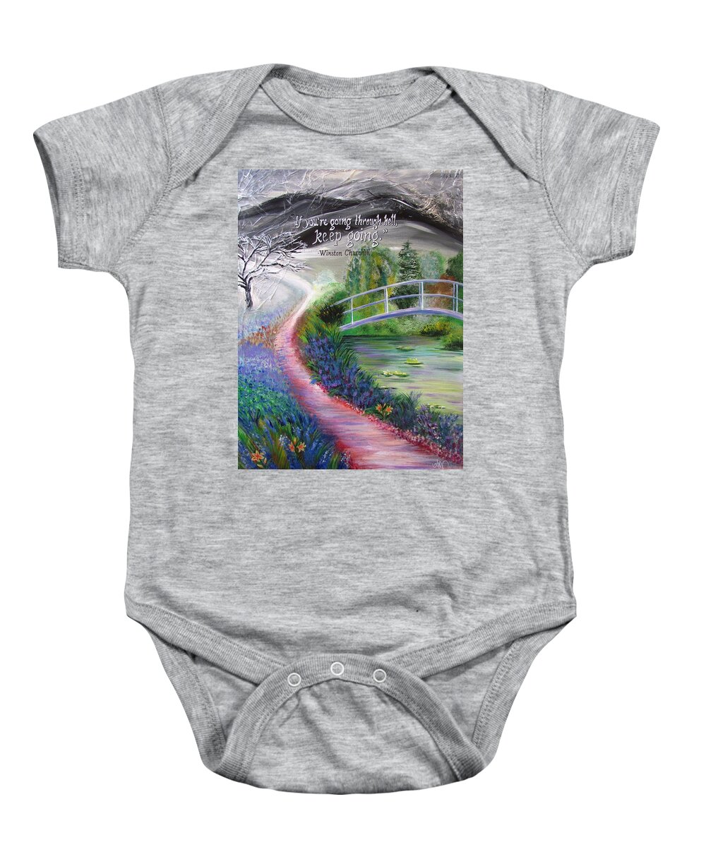 Hard Times Baby Onesie featuring the painting Jane's Journey by Mandy Joy