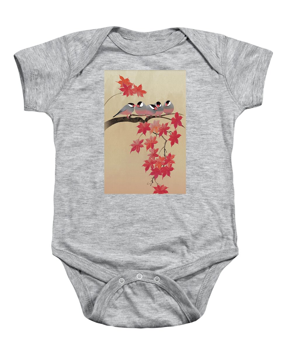 Bird Baby Onesie featuring the digital art Java Sparrows in Japanese Maple Tree by M Spadecaller