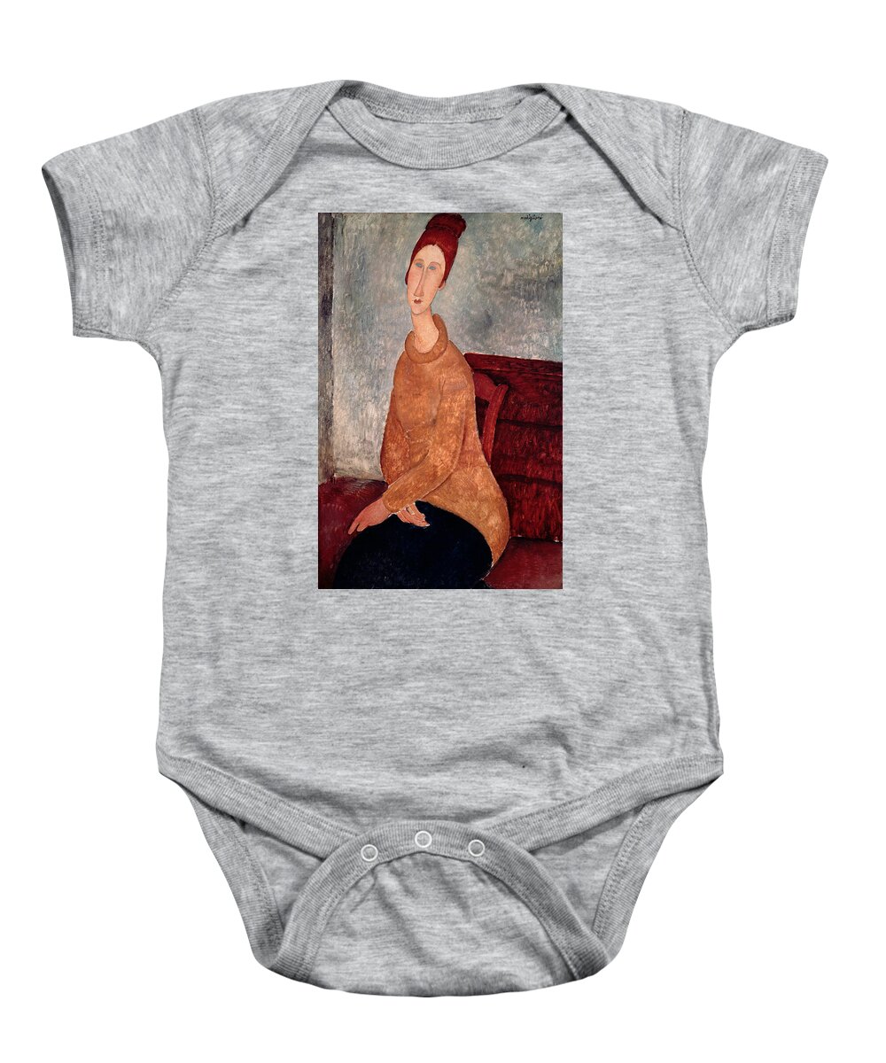 Jeanne Baby Onesie featuring the painting Jeanne Hebuterne in a Yellow Jumper by Amedeo Modigliani