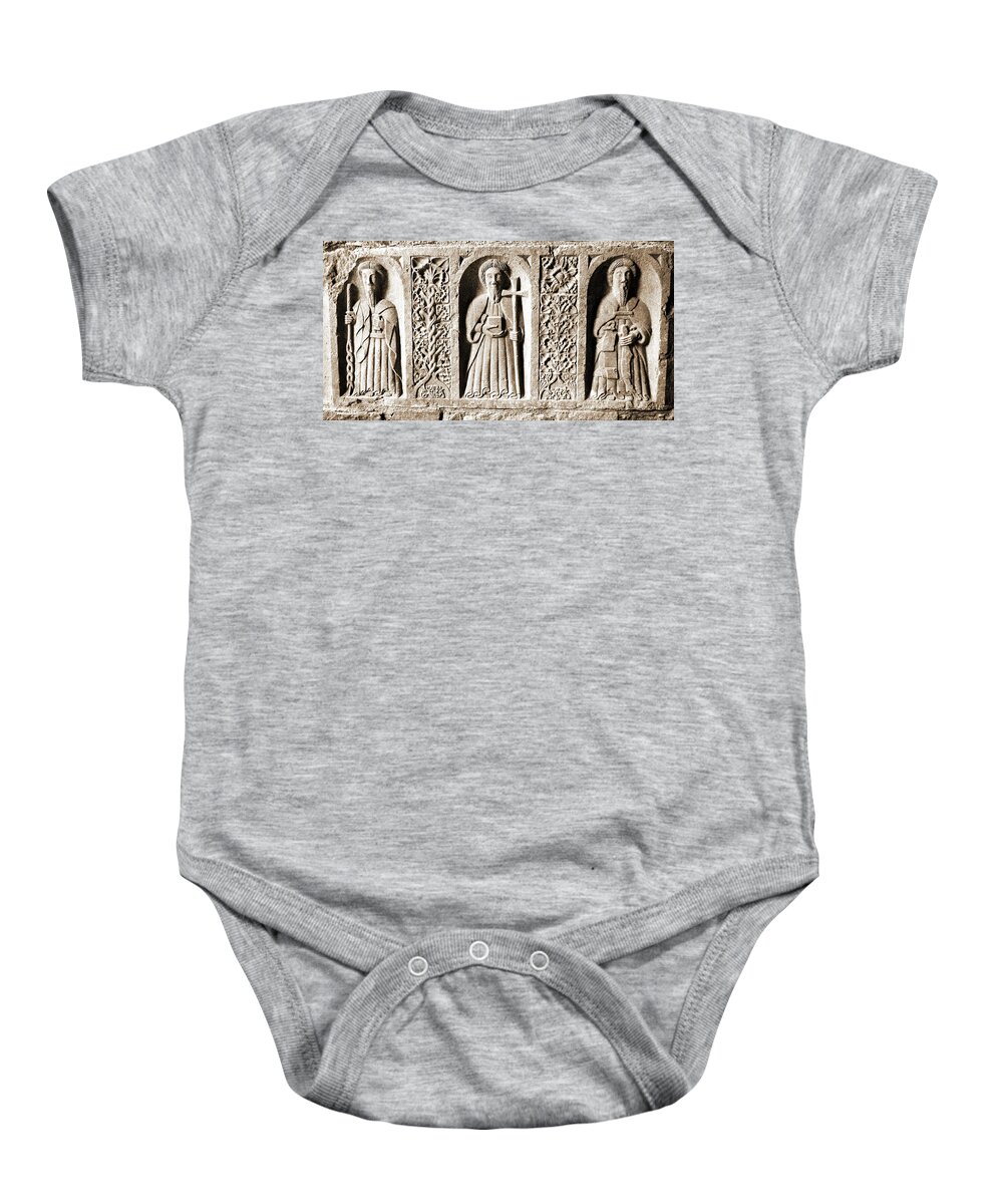 Jerpoint Baby Onesie featuring the photograph Jerpoint Abbey Weepers Saints James Philip and Matthias County Kilkenny Ireland Sepia by Shawn O'Brien
