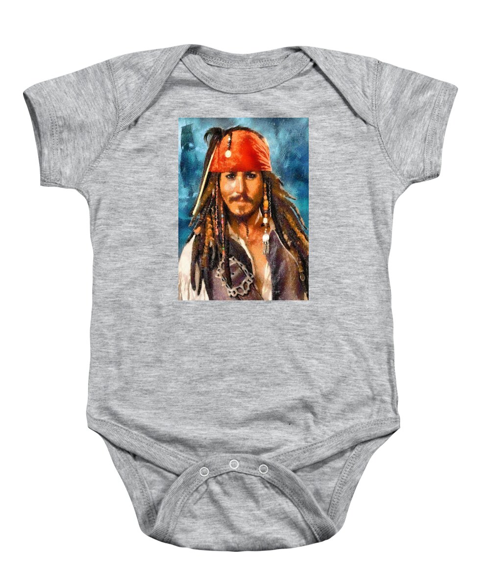 Portrait Baby Onesie featuring the digital art Johnny Depp as Jack Sparrow by Charmaine Zoe