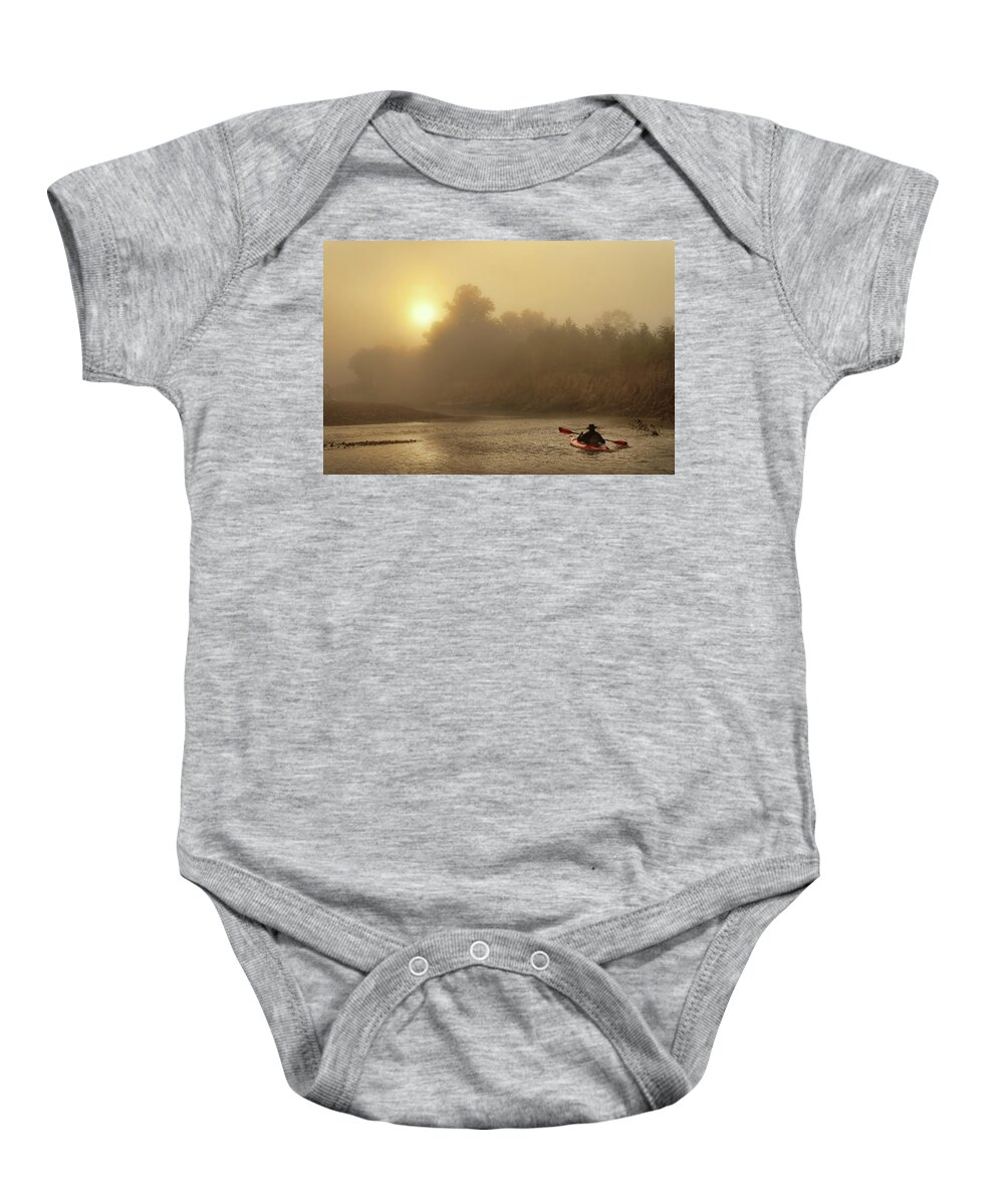Fog Baby Onesie featuring the photograph Journey on the foggy river. by Robert Charity