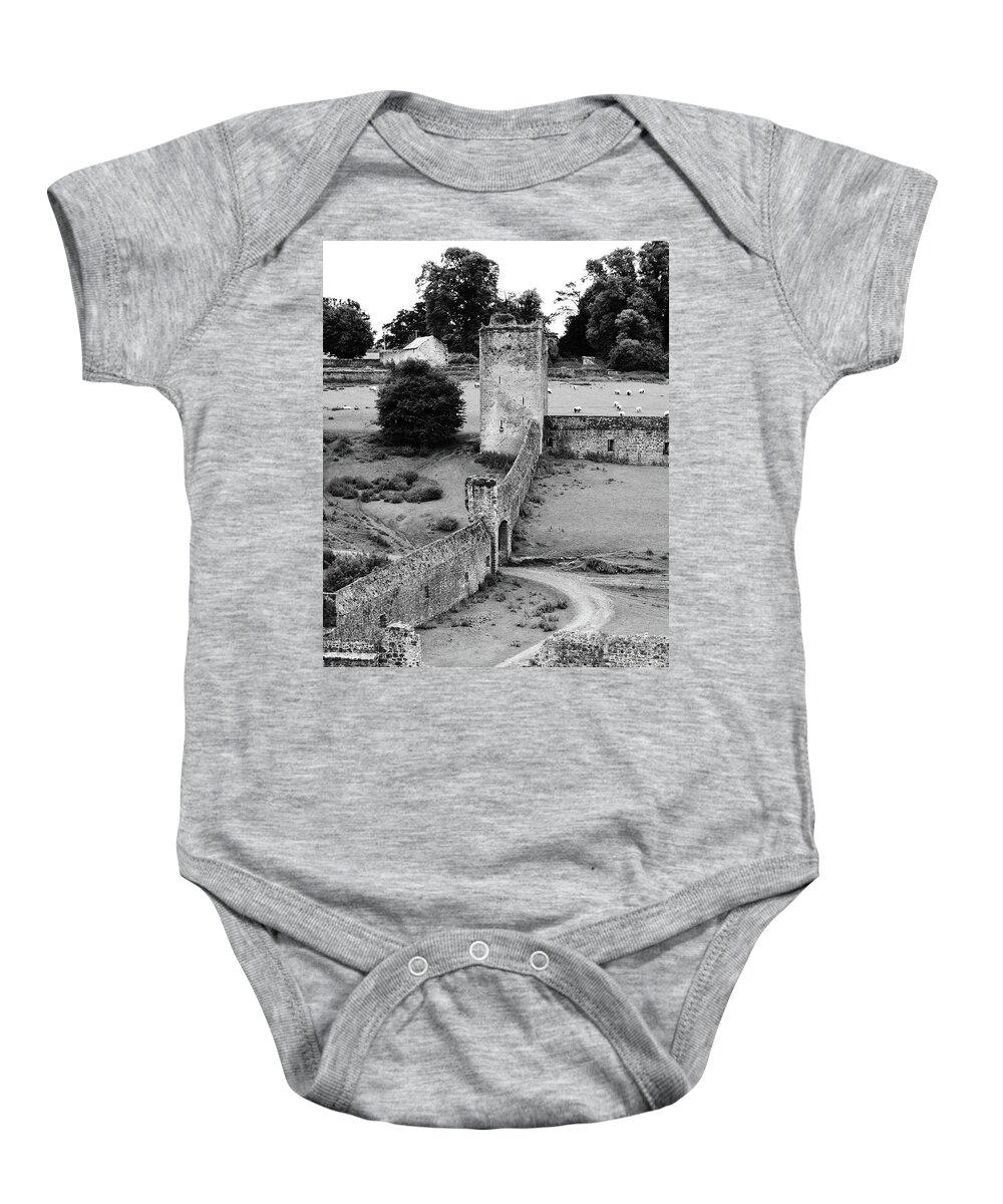 Kells Baby Onesie featuring the photograph Kells Priory Outer Wall Gatehouse and Fortified Tower County Kilkenny Ireland Black and White by Shawn O'Brien