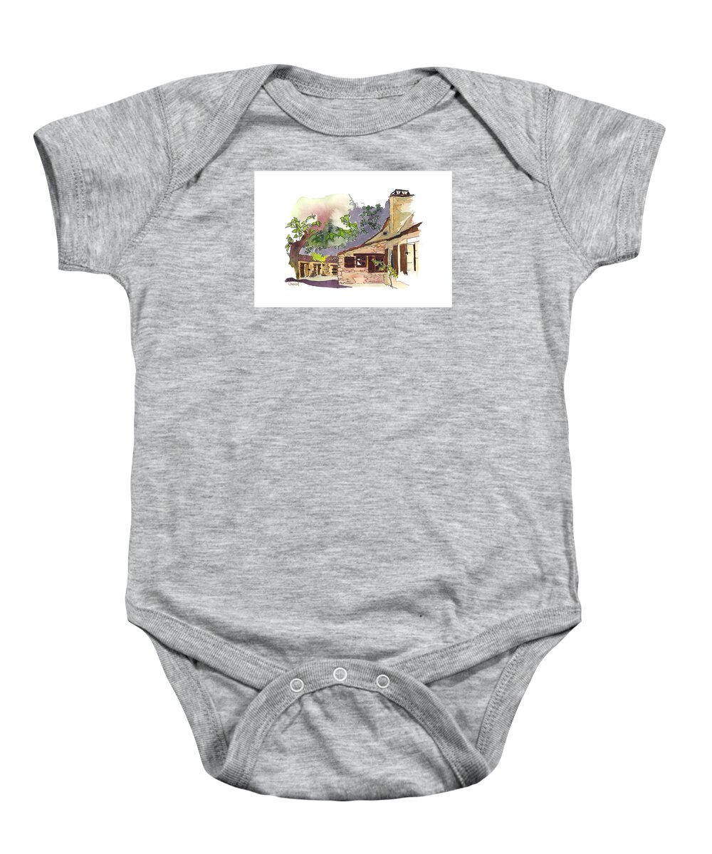 French Farmhouses Baby Onesie featuring the painting La Mayne de Gaye, Ste Alvere, Dordogne by Joan Cordell