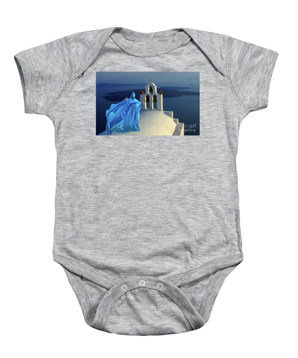 Person Baby Onesie featuring the photograph Lady In Blue Santorini Greece by Bob Christopher