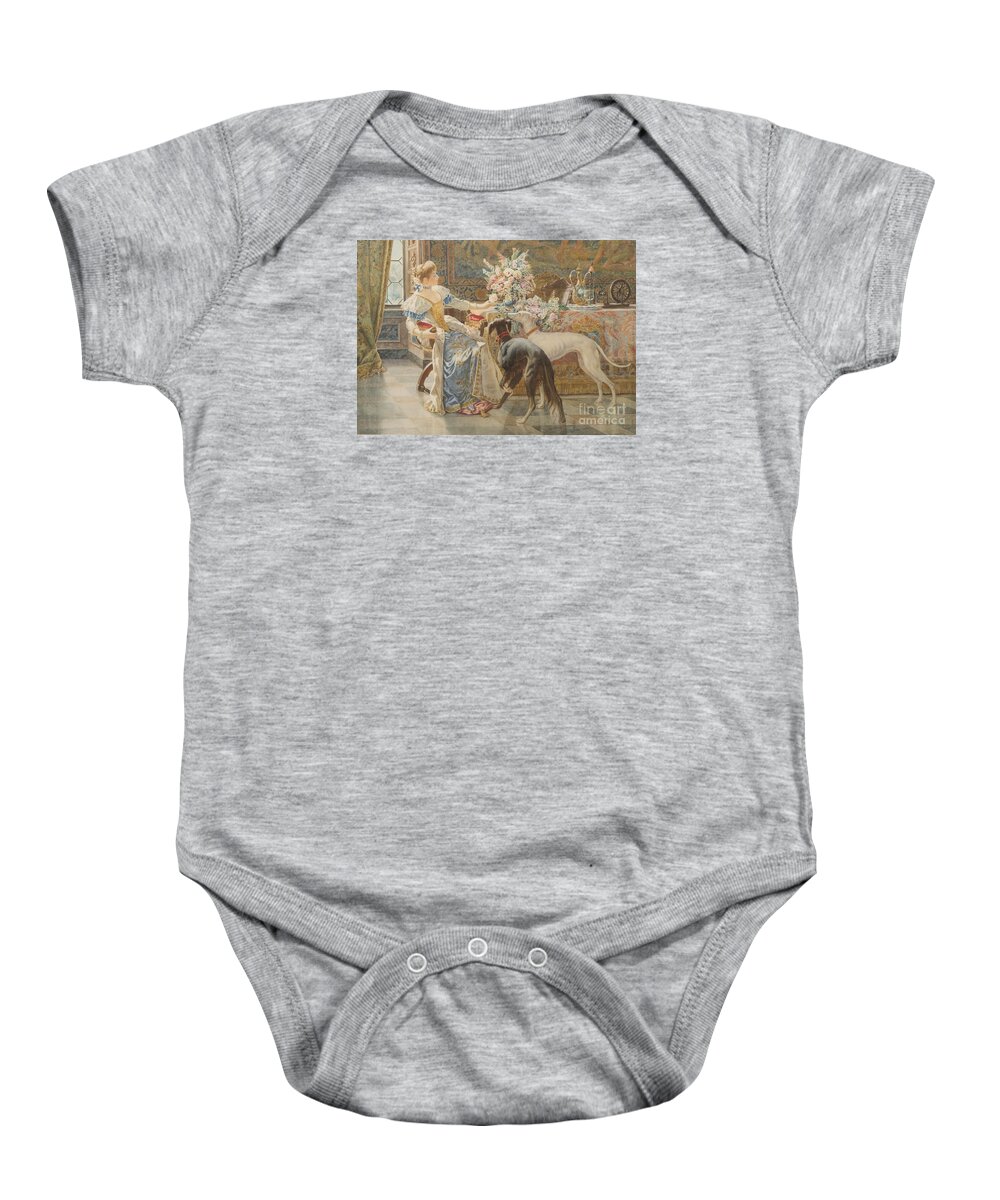 Gioja Baby Onesie featuring the painting Lady with Two Dogs by MotionAge Designs