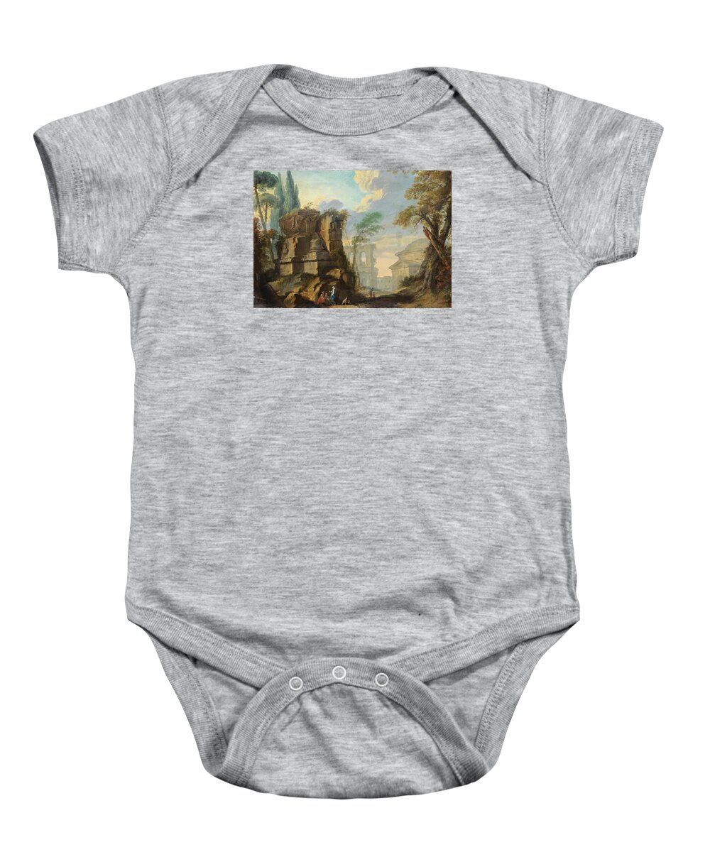 Jean Barbault Baby Onesie featuring the painting Landscape with Figures among Roman Ruins by Jean Barbault