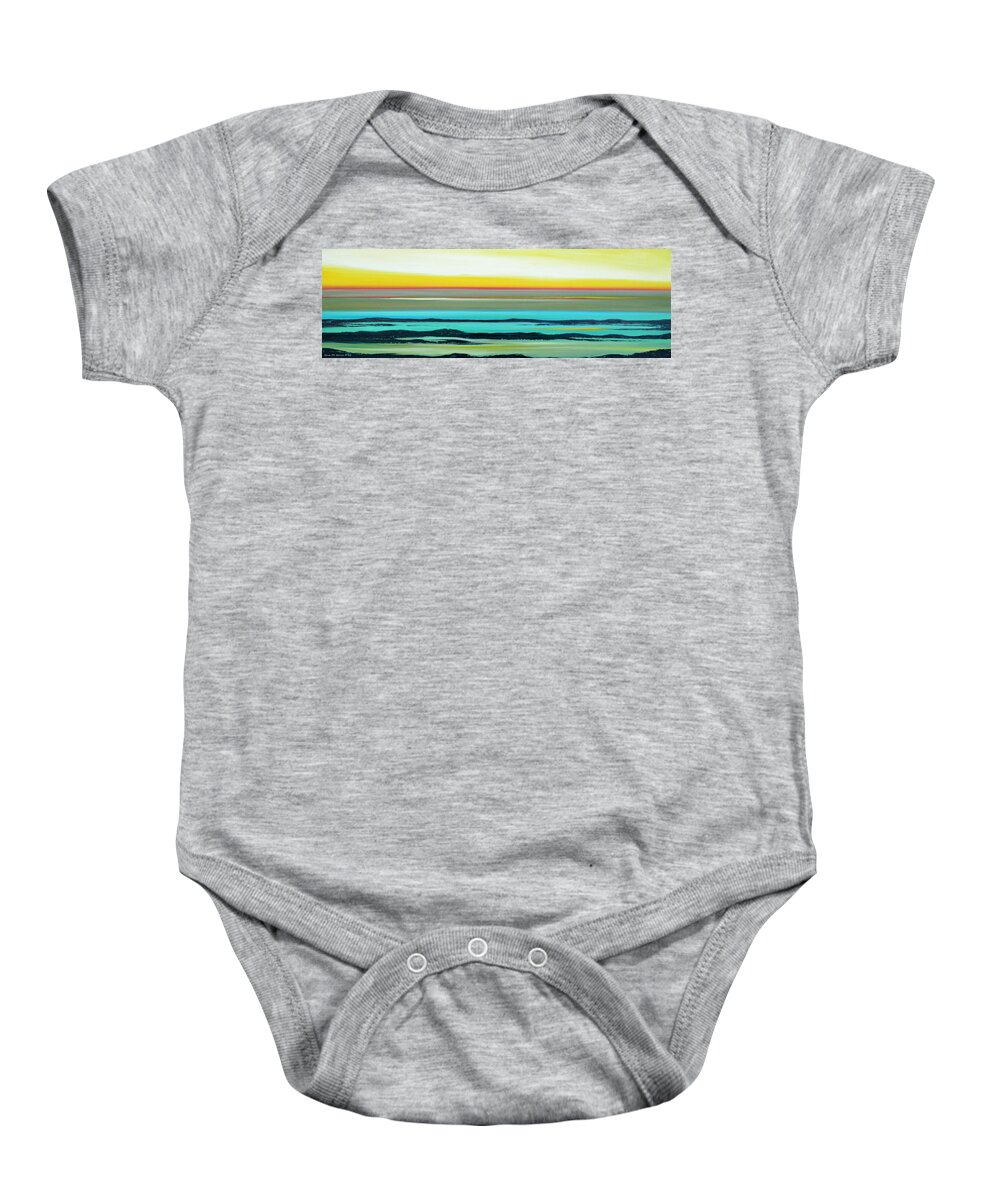 Sunset Baby Onesie featuring the painting Lava Rocks Panoramic Sunset in Yellow and Blue by Gina De Gorna