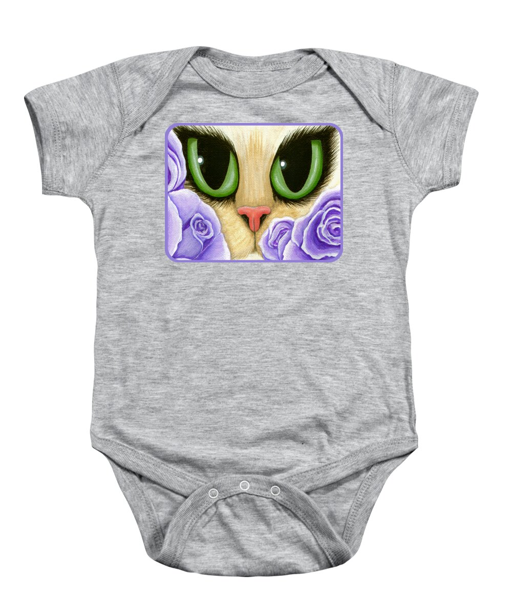 Green Eyes Cat Baby Onesie featuring the painting Lavender Roses Cat - Green Eyes by Carrie Hawks