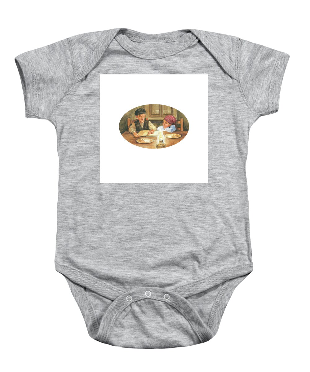 Shtetl Baby Onesie featuring the painting Learning by Candlelight by Laurie McGaw