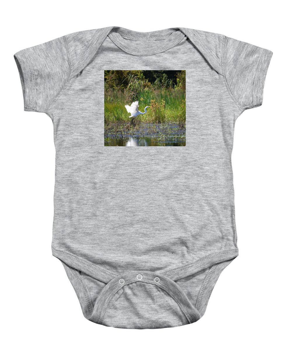 Lifting Off - Egret Baby Onesie featuring the photograph Lifting Off - Egret by Maria Urso