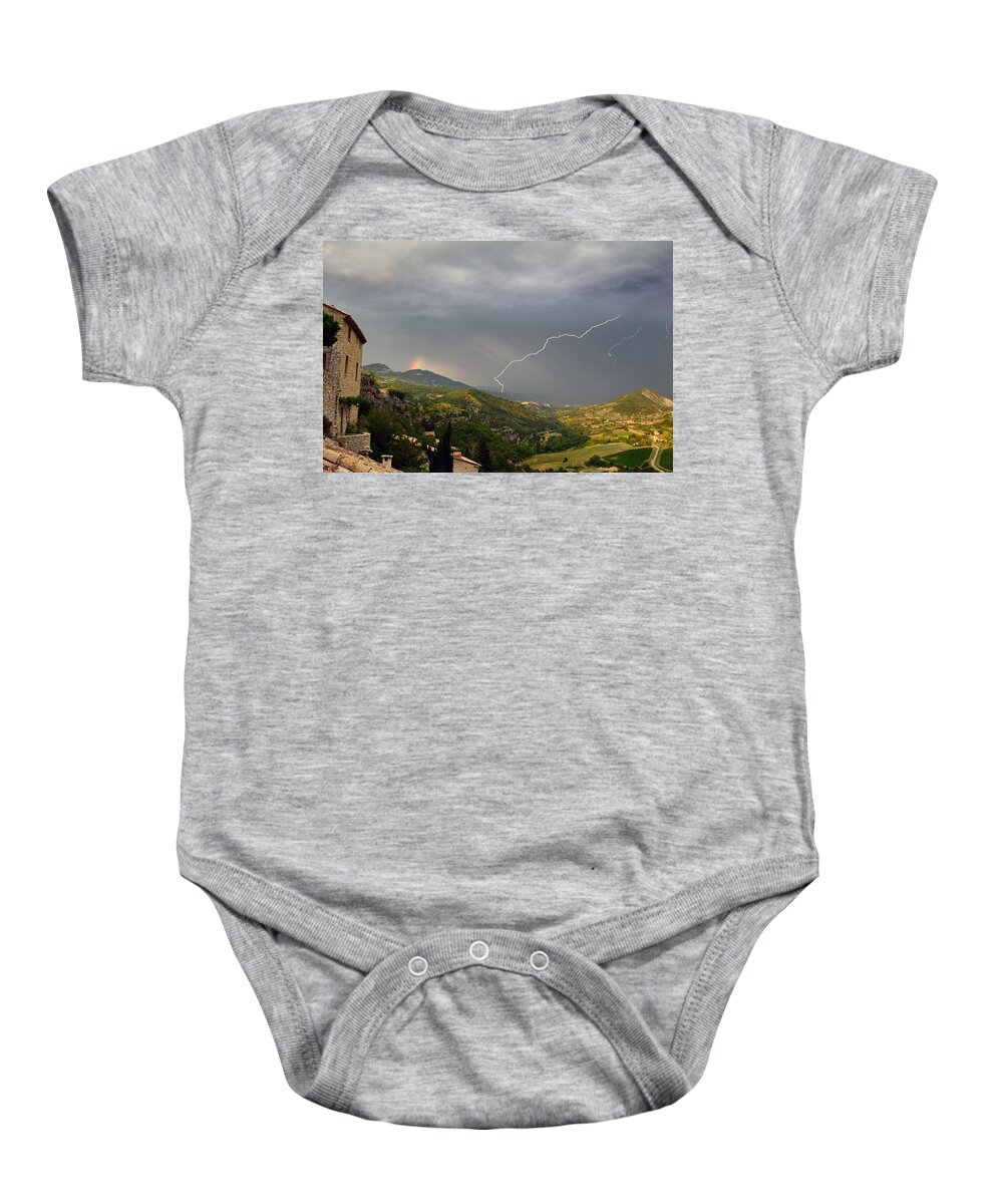 Lightning Baby Onesie featuring the photograph Lightning Rainbow Vercoiran France by Lawrence Knutsson