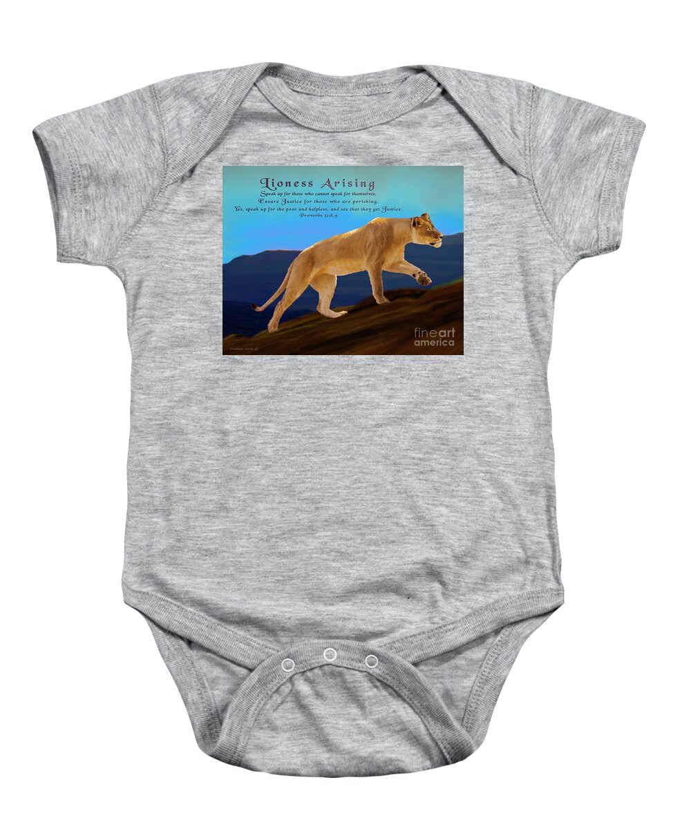 Lioness Baby Onesie featuring the digital art Lioness Arise by Constance Woods