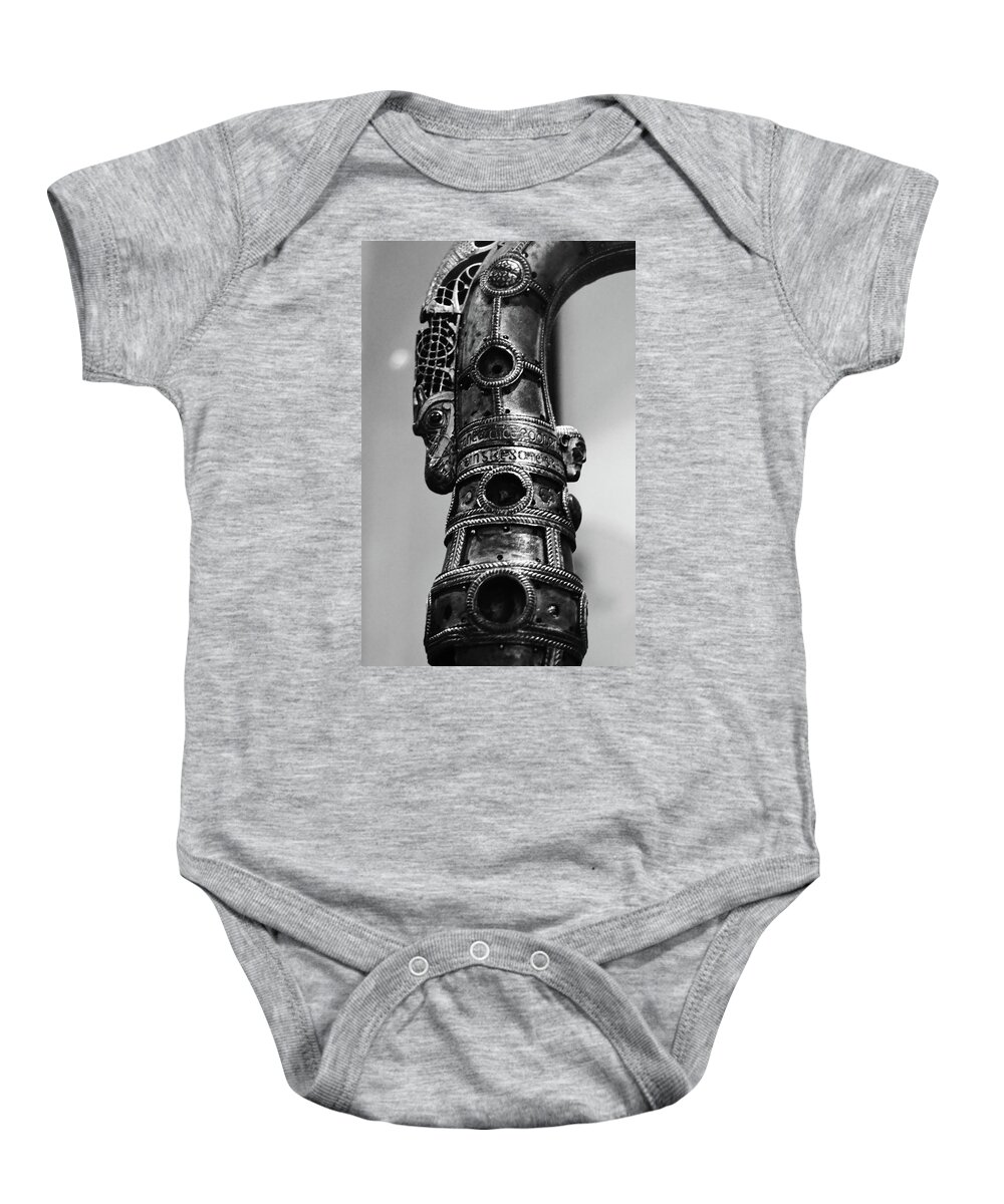 Crozier Baby Onesie featuring the photograph Lismore Crozier Macro Irish Artistic Heritage Black and White by Shawn O'Brien