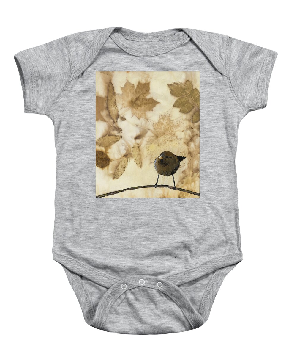 Little Bird Baby Onesie featuring the painting Little Bird On Silk With Leaves by Carolyn Doe
