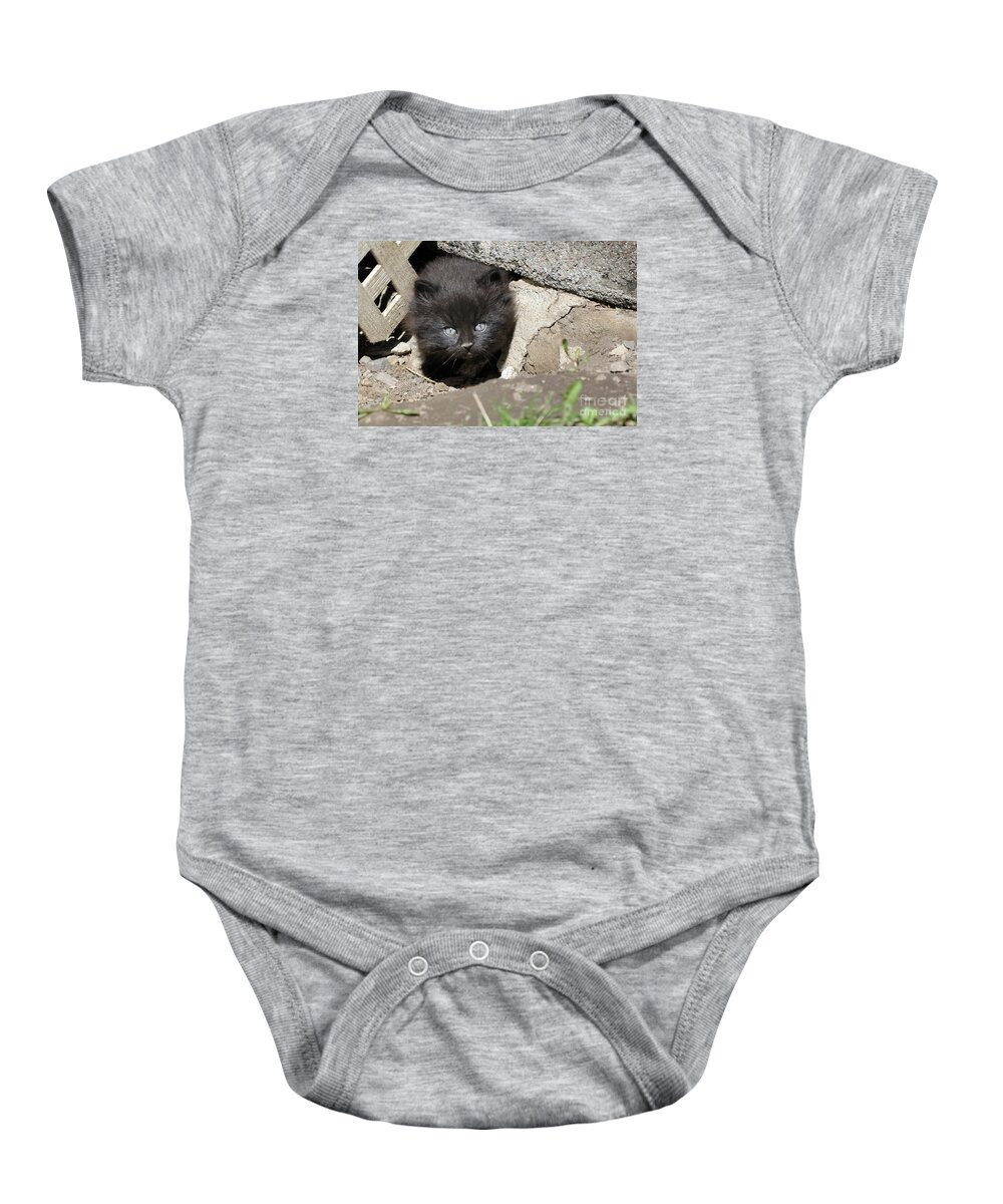 Kittens Baby Onesie featuring the painting Little Black Kitten by Reb Frost