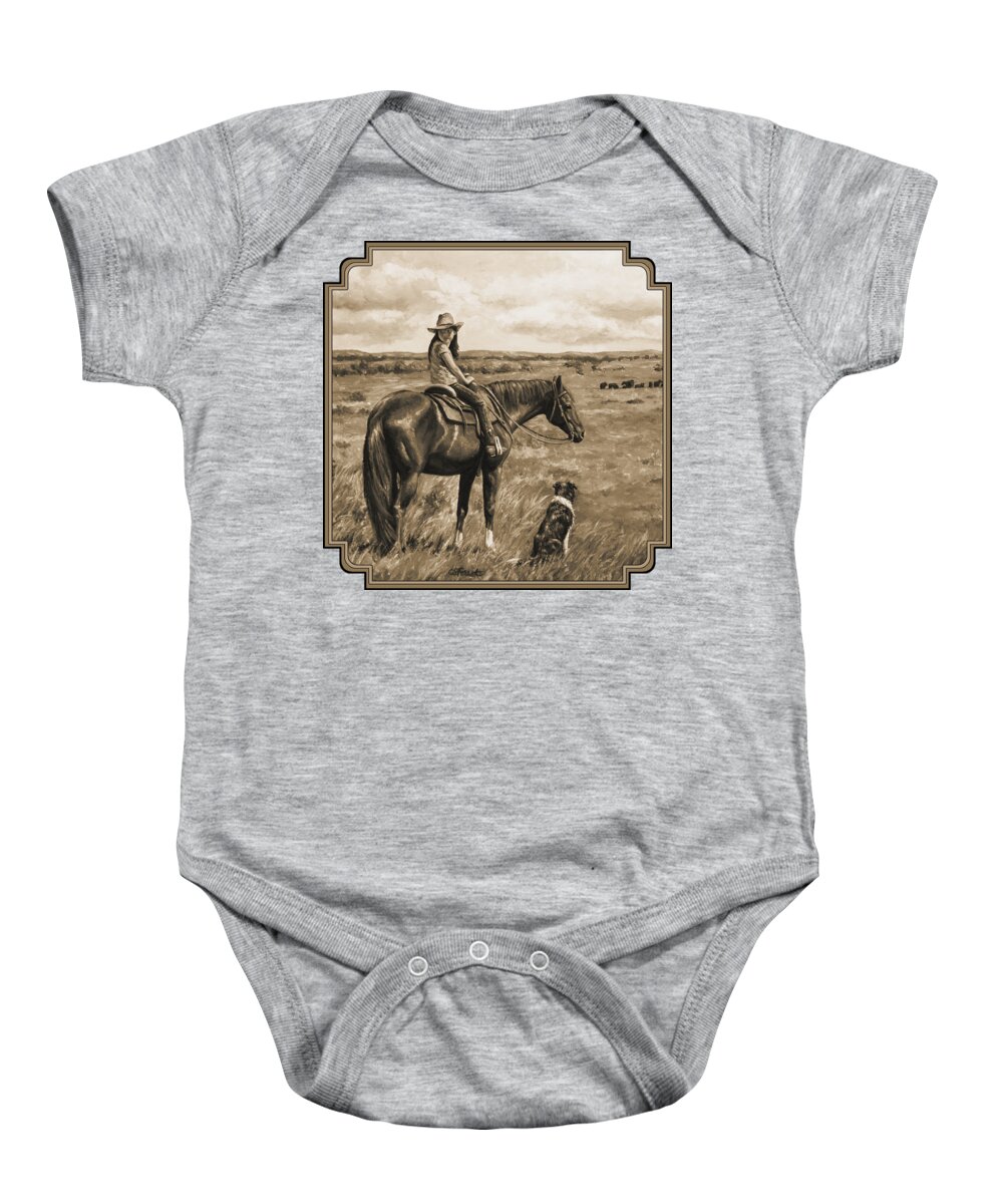 Western Baby Onesie featuring the painting Little Cowgirl on Cattle Horse in Sepia by Crista Forest