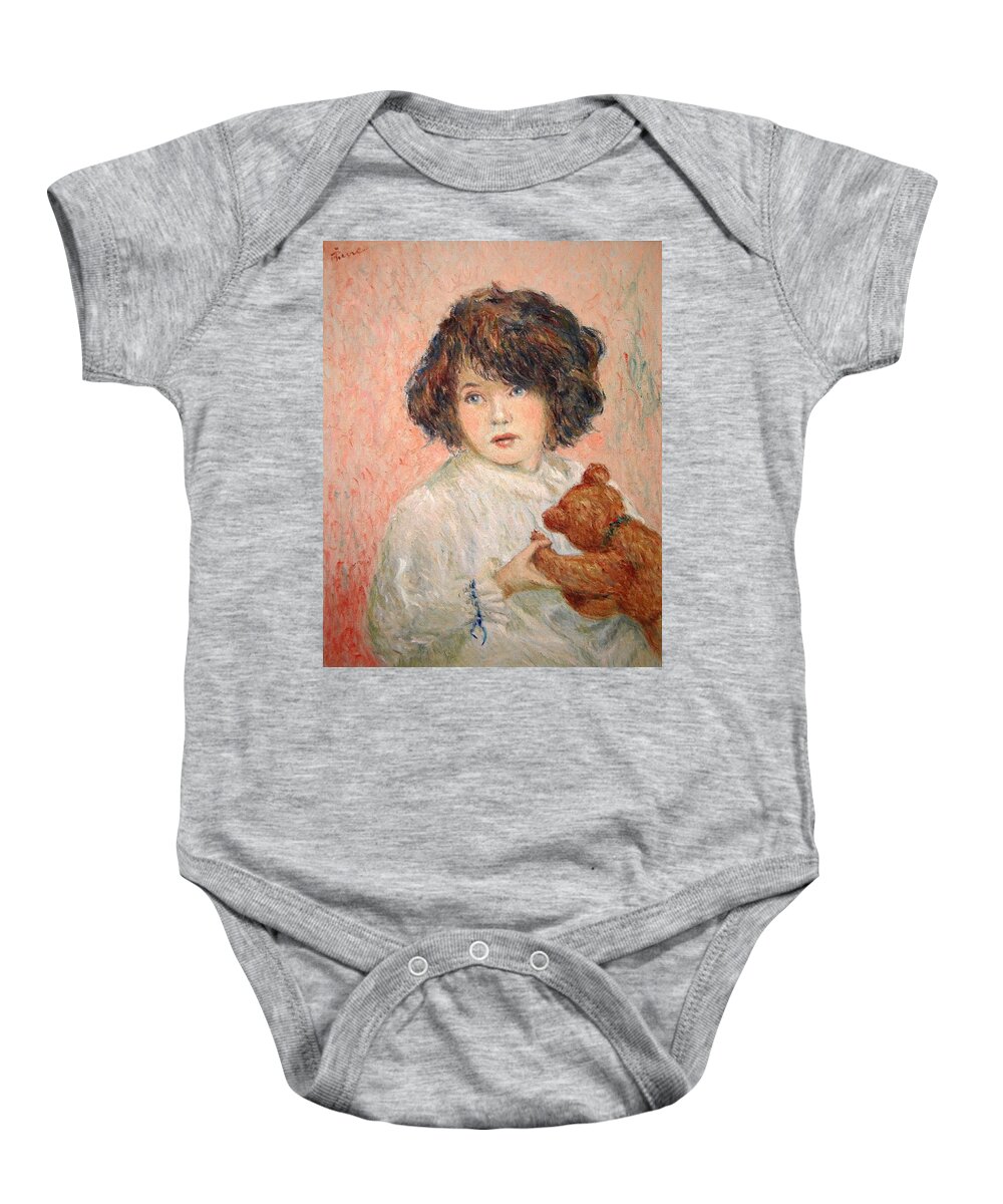 Art Baby Onesie featuring the painting Little Girl With Bear by Pierre Dijk