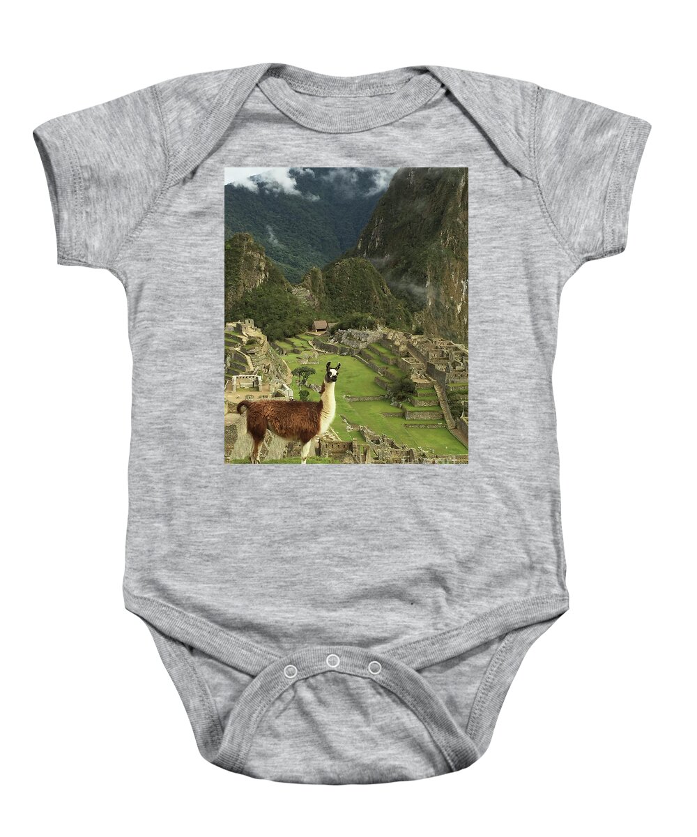 Llama Baby Onesie featuring the photograph Llama at Machu Picchu by Amy Sorvillo