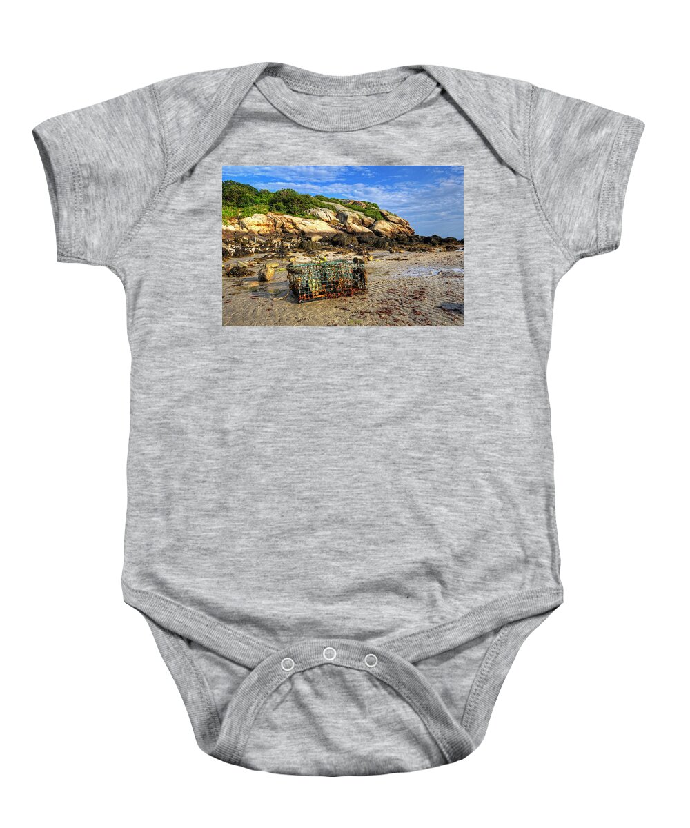 Gloucester Baby Onesie featuring the photograph Lobster Trap on Salt Island Good Harbor Beach Gloucester MA by Toby McGuire