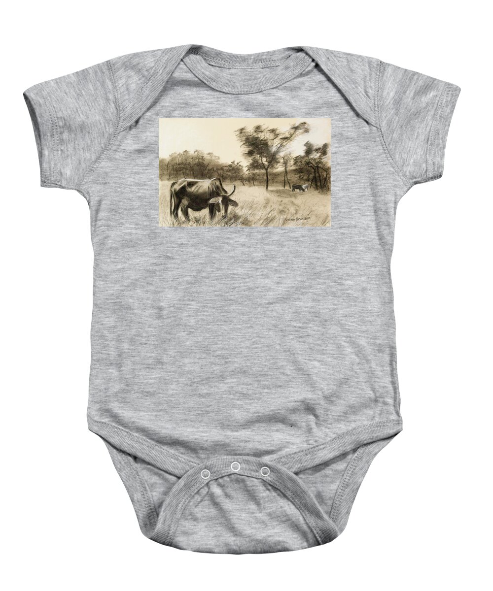 Animal Baby Onesie featuring the drawing Lone Cow Grazing by Jordan Henderson