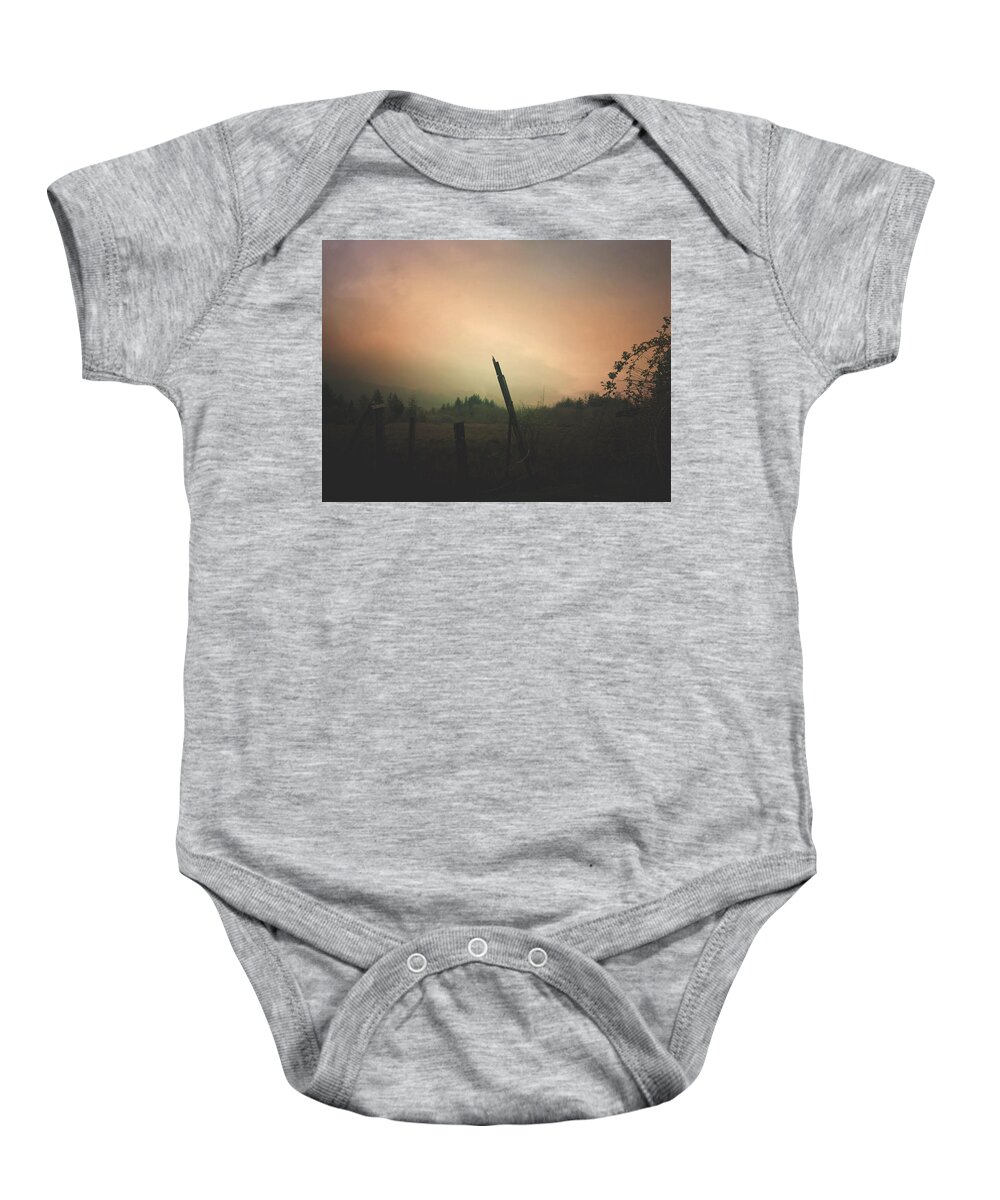 Rural Baby Onesie featuring the digital art Lonely Fence Post by Chriss Pagani
