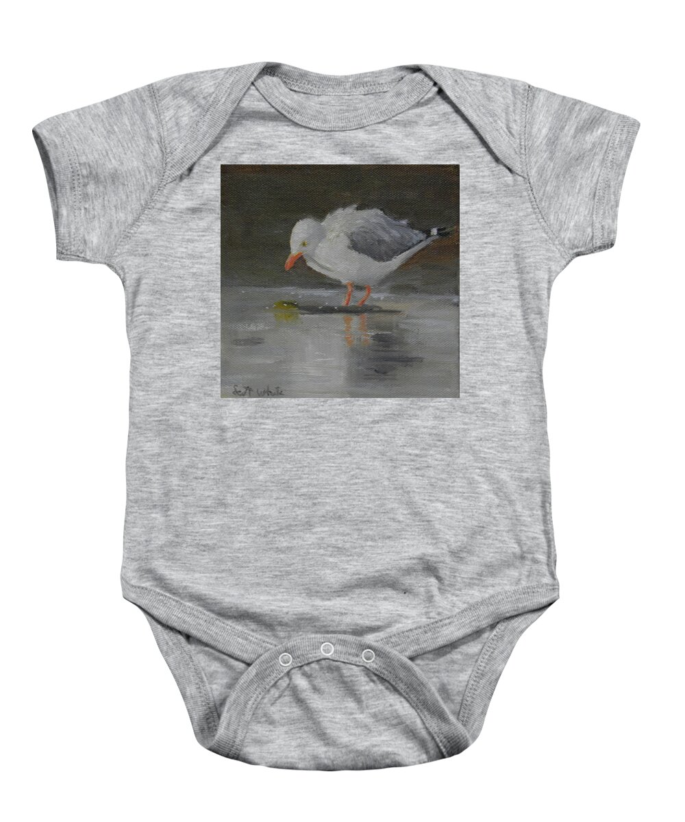 Seagull Landscape Birds Water Ocean Baby Onesie featuring the painting Looking for Scraps by Scott W White