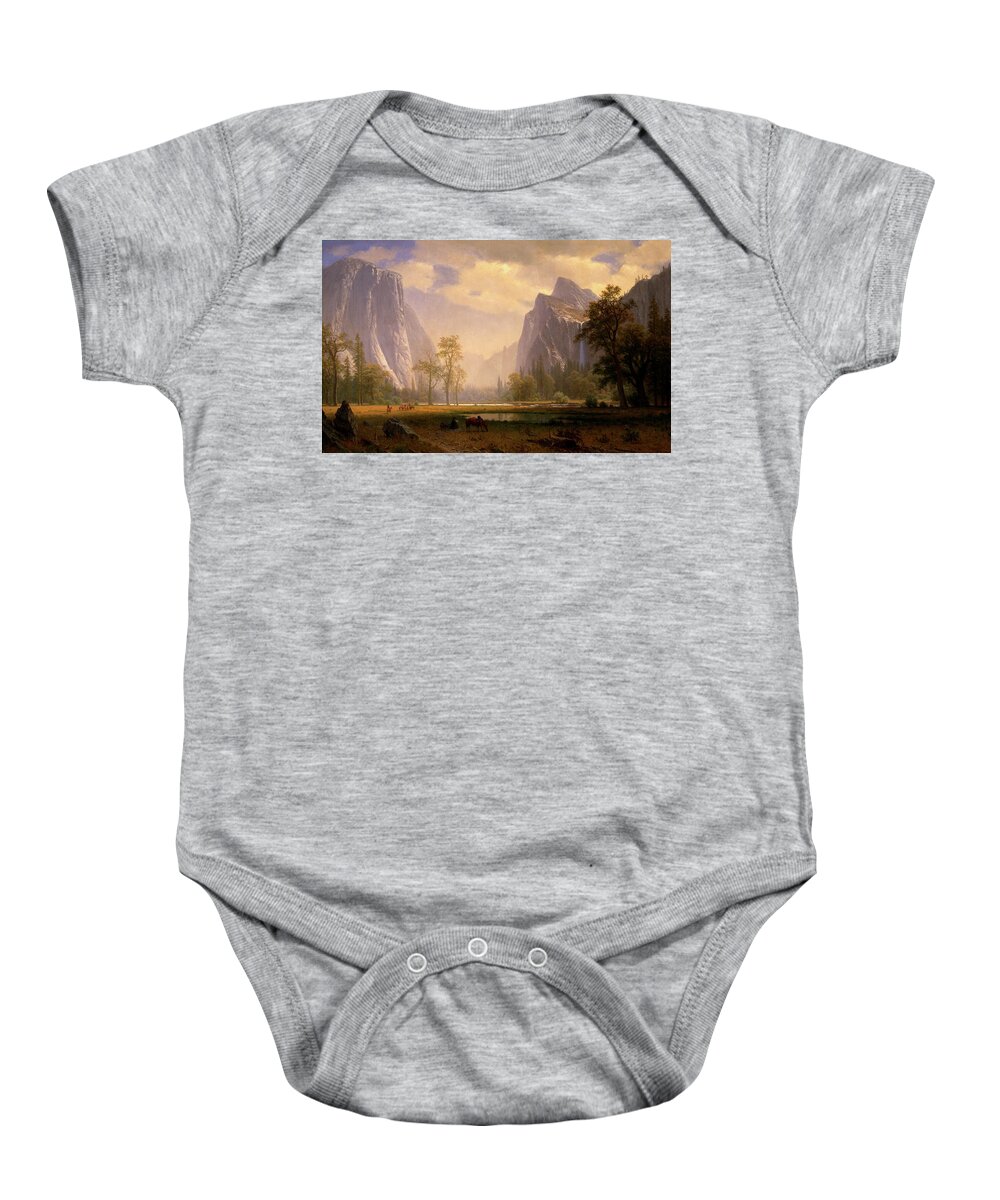 Looking Baby Onesie featuring the painting Looking Up the Yosemite Valley by Albert Bierstadt