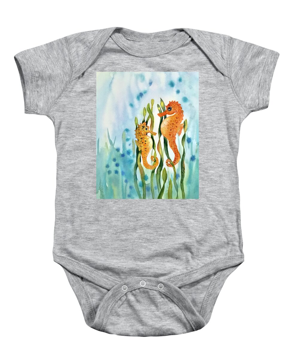Seahorse Baby Onesie featuring the painting Mamma and Baby Seahorses by Hilda Vandergriff