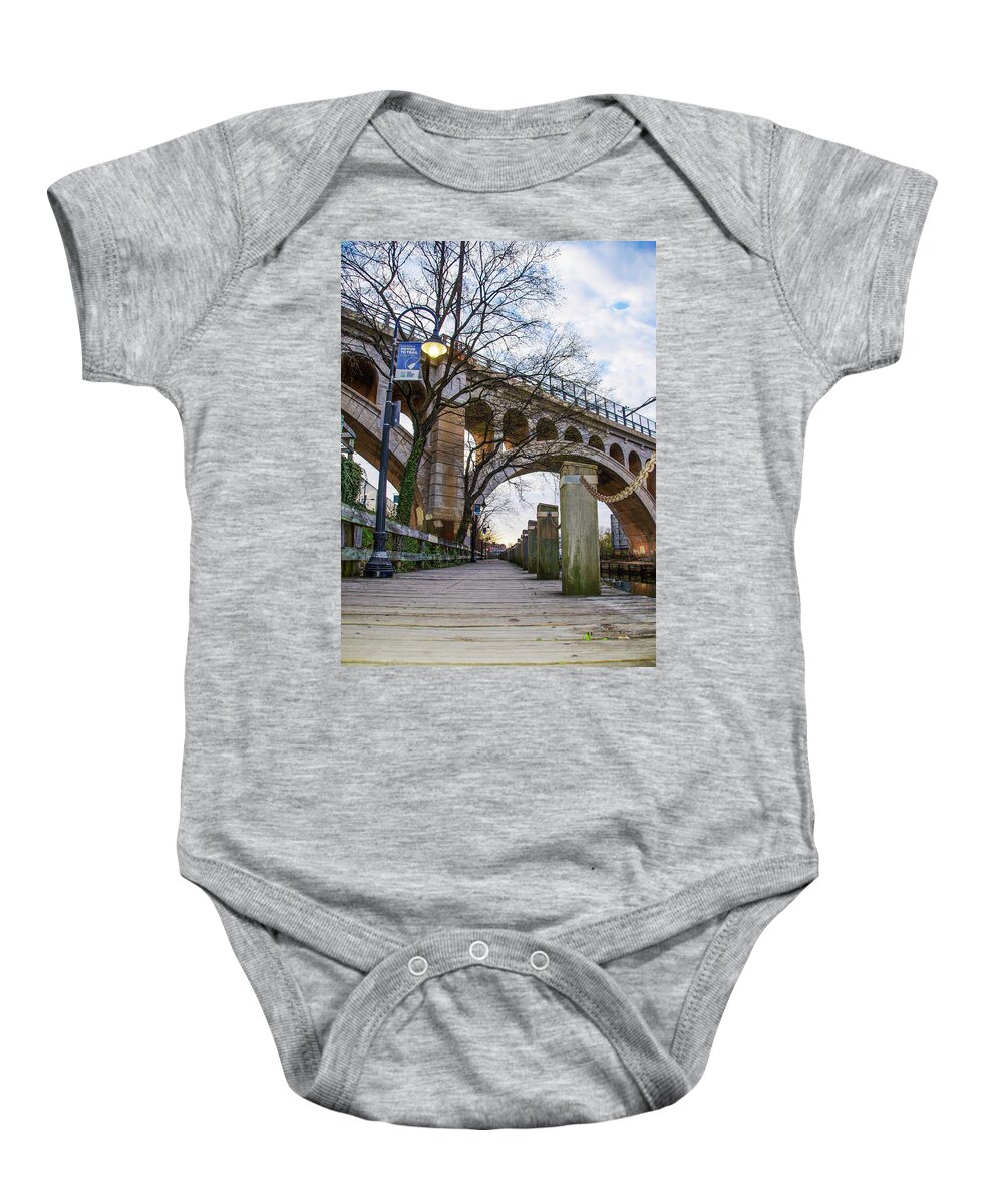 Manayunk Baby Onesie featuring the photograph Manayunk - Towpath and Bridge by Bill Cannon