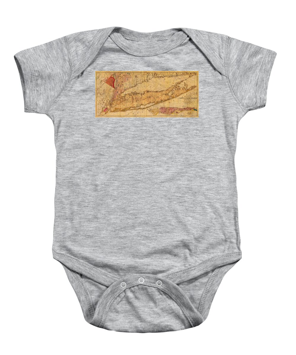 Map Baby Onesie featuring the mixed media Map of Long Island New York State in 1842 on Worn Distressed Canvas by Design Turnpike