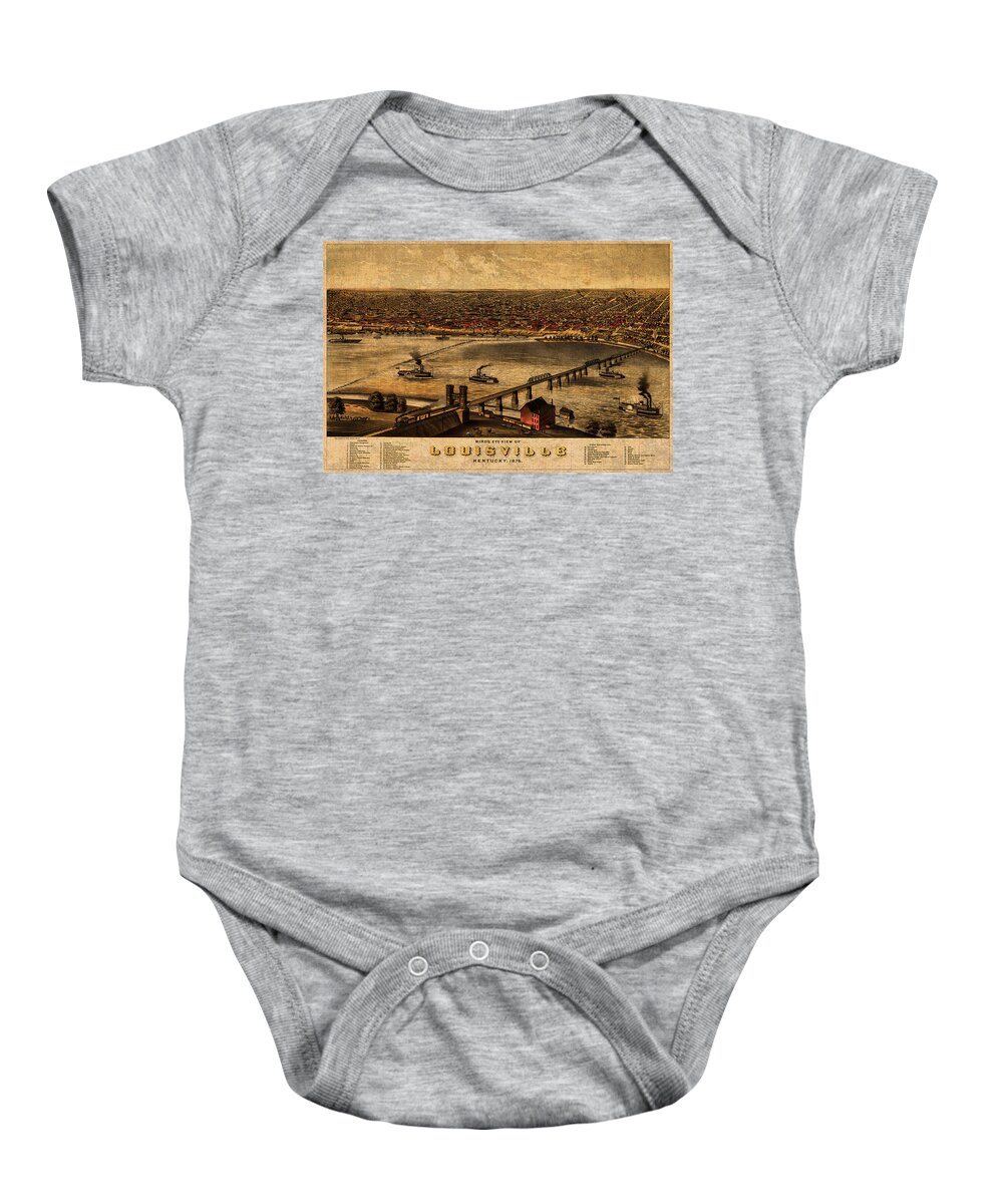 Map Of Louisville Baby Onesie featuring the mixed media Map of Louisville Kentucky Vintage Birds Eye View Aerial Schematic on Old Distressed Canvas by Design Turnpike