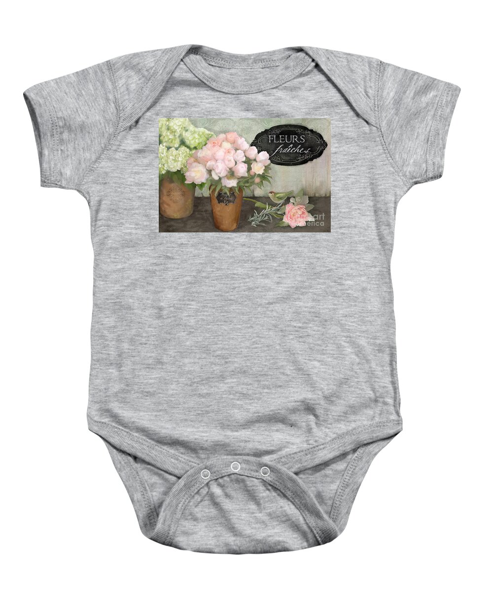 French Flower Market Baby Onesie featuring the painting Marche aux Fleurs 2 - Peonies n Hydrangeas w Bird by Audrey Jeanne Roberts