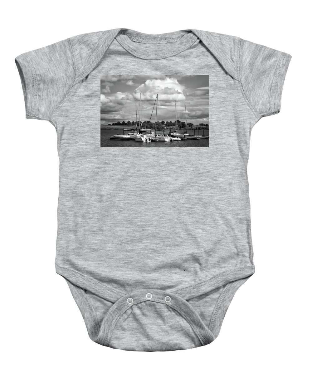 Boats Baby Onesie featuring the photograph Marina - Branched Oak Lake - Black and White by Nikolyn McDonald
