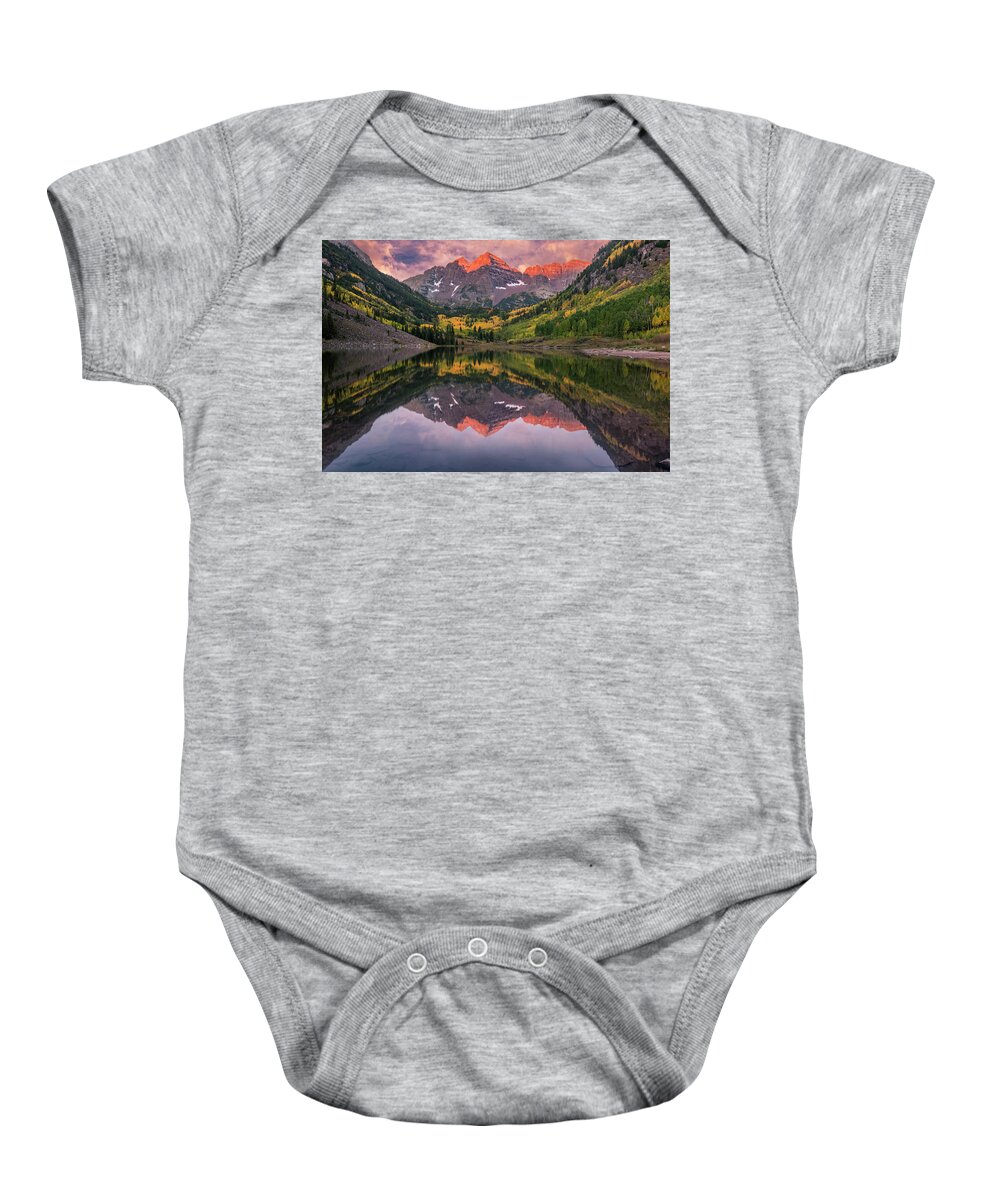 Maroon Bells Baby Onesie featuring the photograph Maroon Bells at Sunrise by Michael Ash