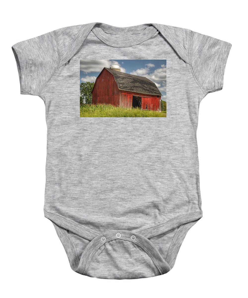 Barn Baby Onesie featuring the photograph 0023 - Hollenbeck Road Red III by Sheryl L Sutter