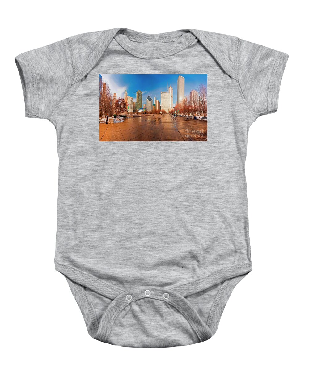 Millennium Baby Onesie featuring the photograph Millennium Park Skyline and the Bean by Tom Jelen