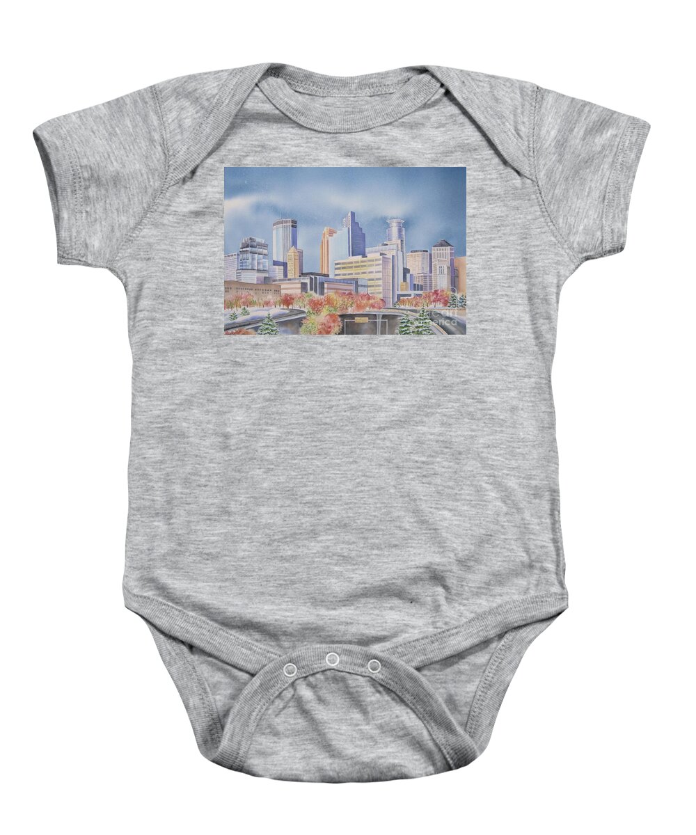 Minneapolis Baby Onesie featuring the painting Minneapolis Skyline by Deborah Ronglien