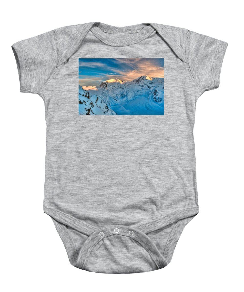 Brenda Jacobs Fine Art Baby Onesie featuring the photograph Monte Rosa and Liksam Mountains with Glaciers by Brenda Jacobs