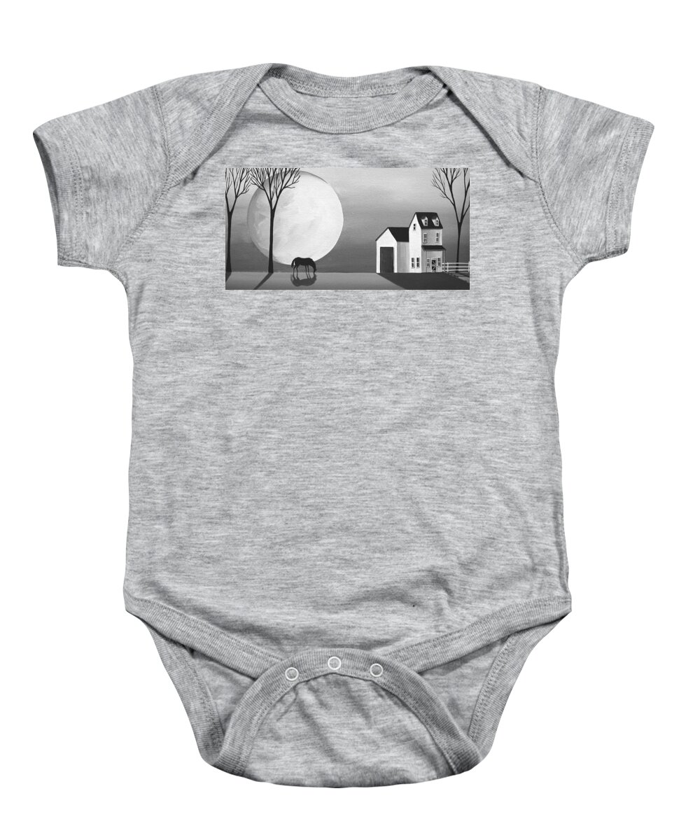 Art Baby Onesie featuring the painting Moon Grazing - folk art black white by Debbie Criswell