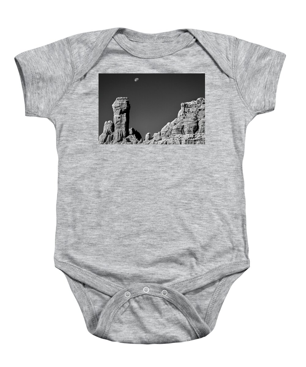 New Mexico Baby Onesie featuring the photograph Moon Over Chimney Rock by Stuart Litoff