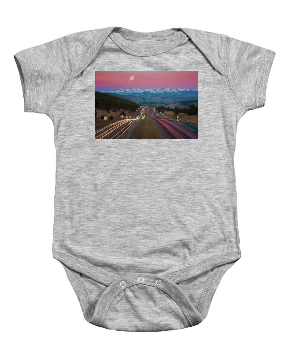 Moon Baby Onesie featuring the photograph Moon Over the Rockies by Darren White