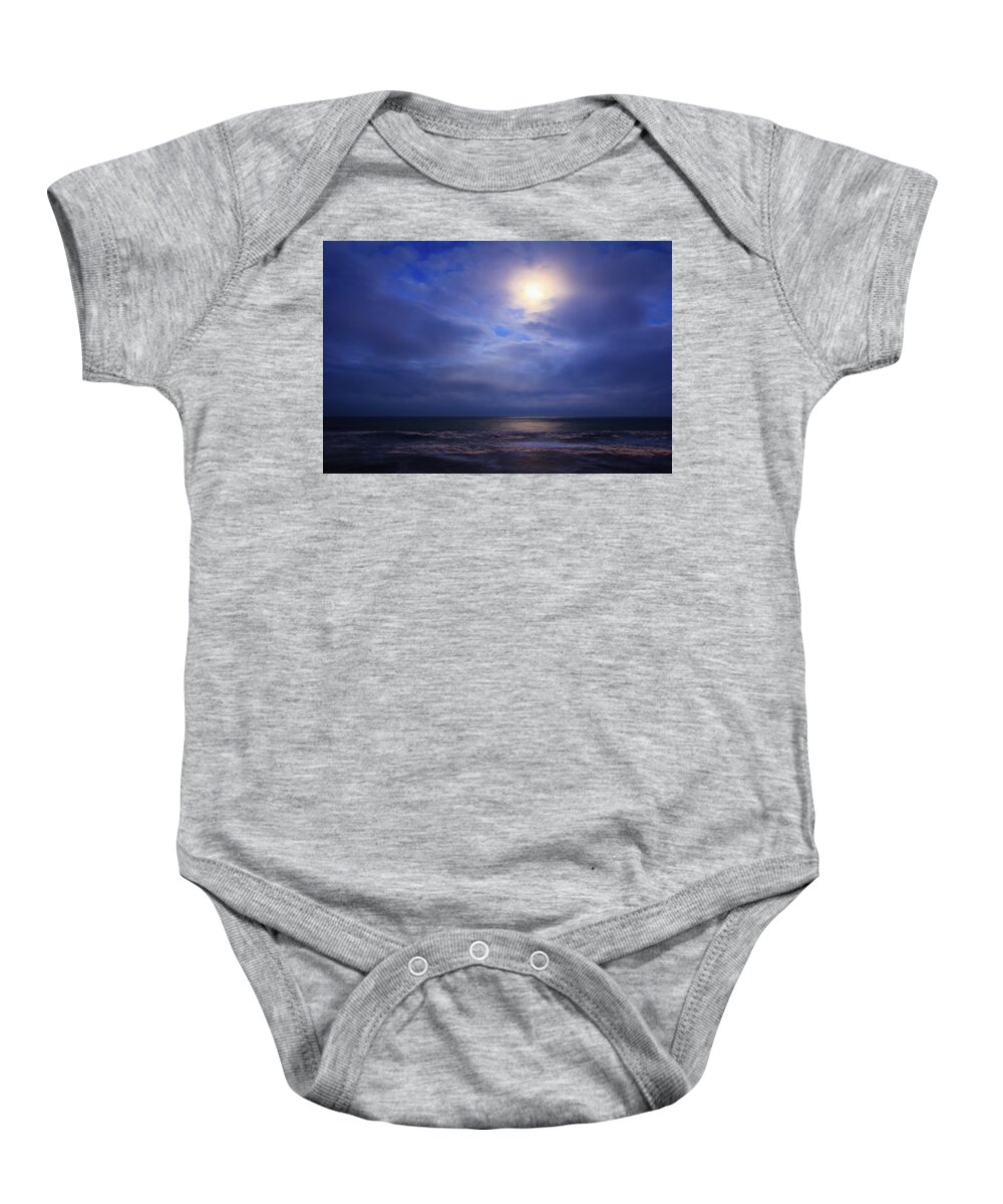 Cape Hatteras Baby Onesie featuring the photograph Moonlight on the Ocean at Hatteras by Joni Eskridge