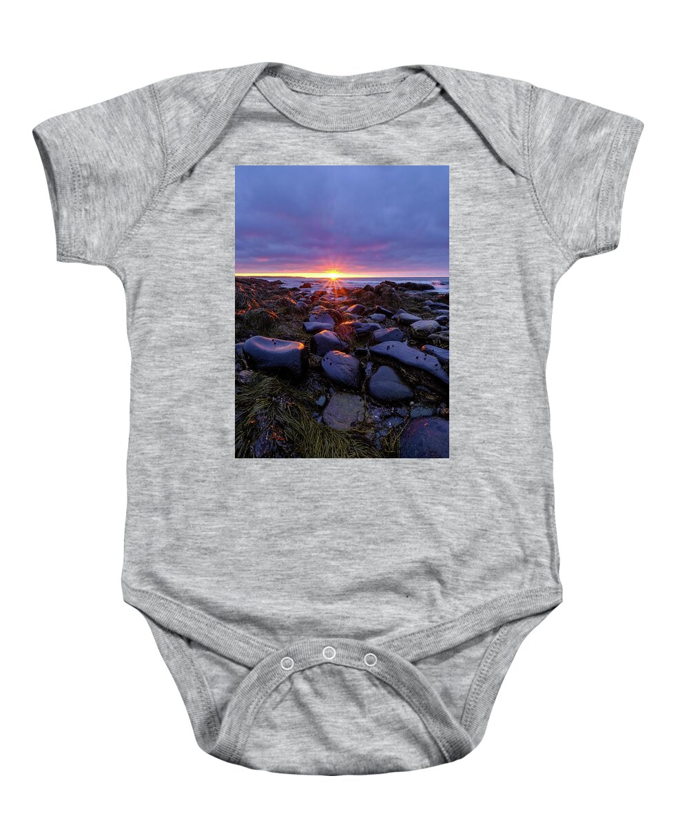 Ocean Baby Onesie featuring the photograph Morning Fire, Sunrise On The New Hampshire Seacoast by Jeff Sinon