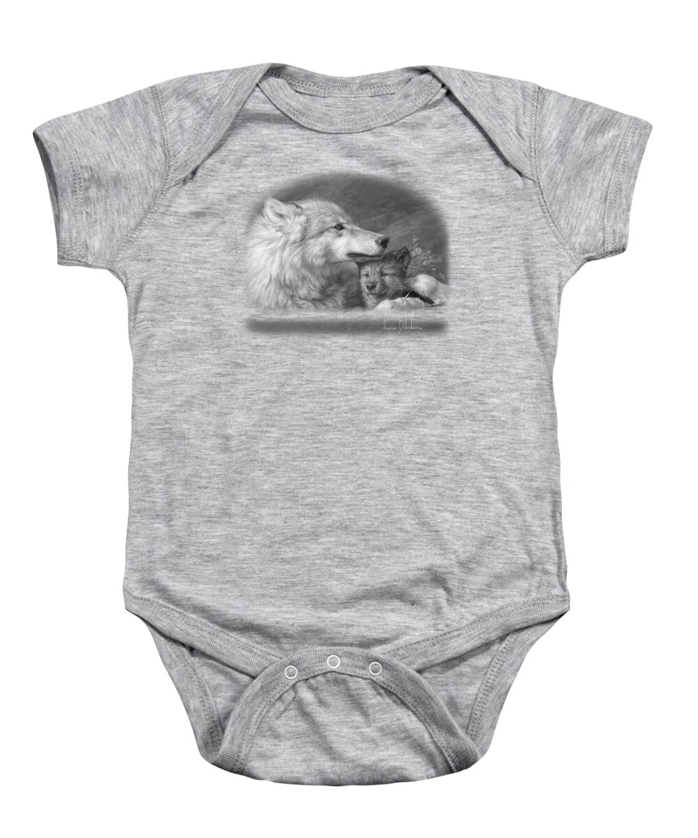 Wolf Baby Onesie featuring the painting Mother's Love - Black and White by Lucie Bilodeau
